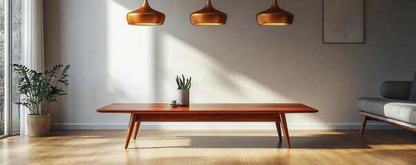 Mahogany coffee table with a sleek, polished finish, featured in a retro-style living room, pendant...