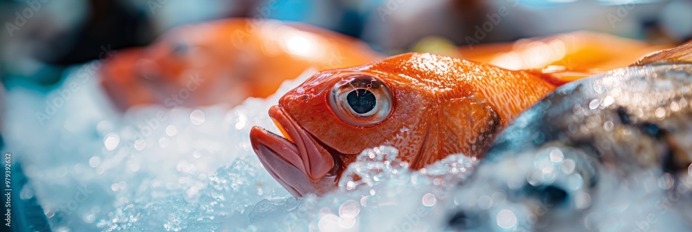 Poster a close up of a fish with its mouth open and its eyes looking at the camera. the fish is in a displa