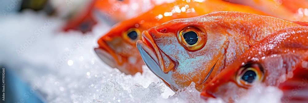 Poster a close up of a fish with its eyes open and a red head. the fish is in a display case with ice