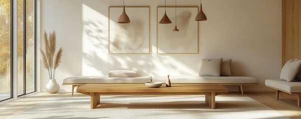 Minimalist oak coffee table in a sunlit mid-century modern living room