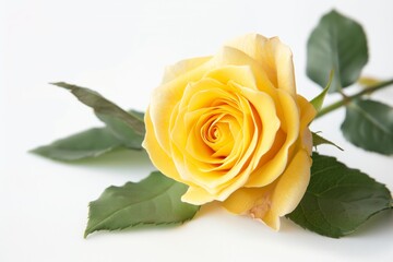 A yellow rose is sitting on a leaf. The rose is the main focus of the image, and the leaf is a secondary element. Concept of beauty and simplicity, as the rose is the only object in the scene