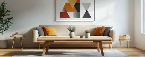 Natural oak coffee table in a minimalist mid-century room, retro lighting and geometric art pieces,...