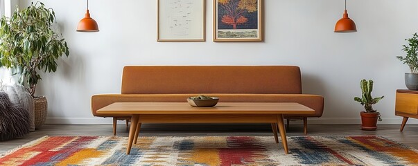 Oak coffee table in a mid-century modern room with retro pendant lights, vintage artwork, and a...