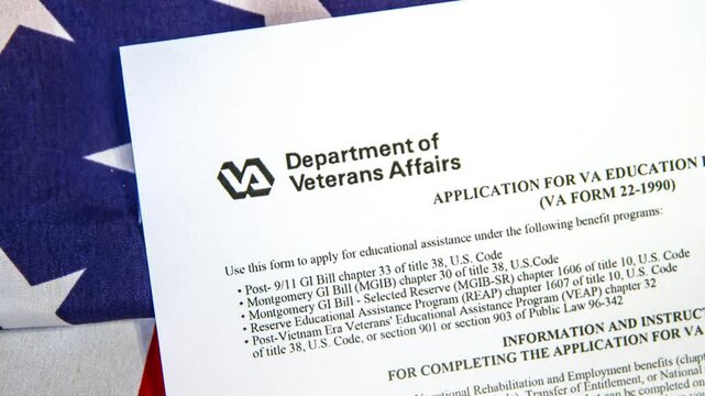 Department of Veterans Affairs application form on the American flag 4k footage.