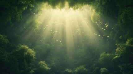 A sunbeam piercing through the dense canopy of an ancient forest, creating a radiant pathway of light, symbolizing guidance and clarity.