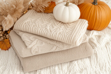 cozy autumn still life with pumpkins and knitted blankets