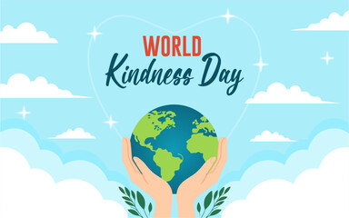 Happy World Kindness Day Vector Illustration on November 13 with Earth, Heart and Helping Hands in Flat light blue illustration, suitable for banners, cards, social media feeds.
