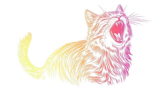 recommend clip art: Line art illustration featuring a rainbow gradient of a cartoon cat meowing
