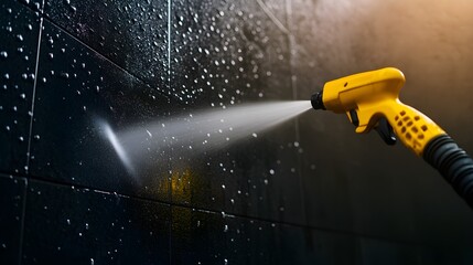 Concrete wall transformation as high-pressure washer cleans through years of accumulated grime, dynamic water jets and vibrant clean streaks