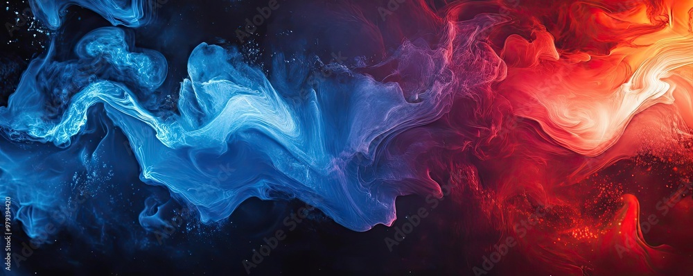 Poster a vibrant abstract composition with swirling blue and red colors, creating a dynamic and energetic v