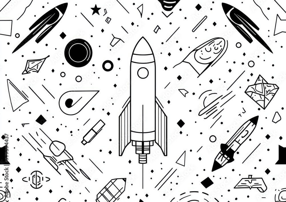 Poster line art illustration of a simple black and white geometric pattern featuring a rocket shuttle and s