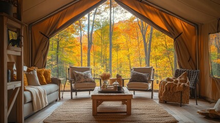 Fototapeta premium Cozy glamping interior with autumn scenery through large windows.