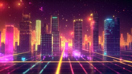 Neon Grids and Geometric Shapes in a Glowing Retro-Futuristic Sci-Fi World