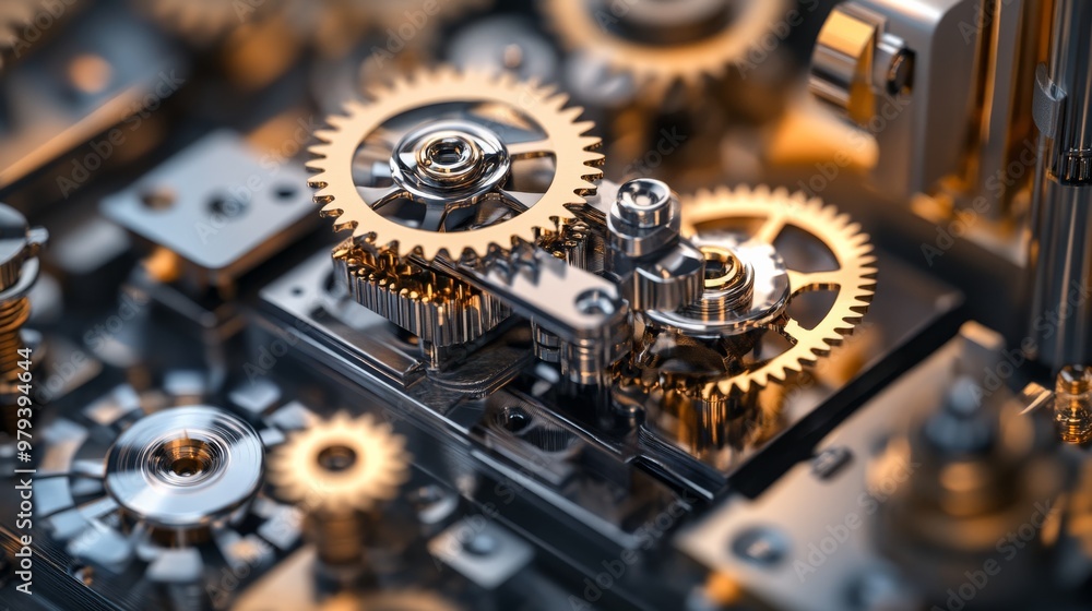 Poster close-up of a miniature machine designed for high-precision tasks, with emphasis on its tiny gears a