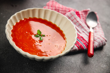Tomato soup with vermicelli gazpacho first course dish fresh delicious gourmet food background on the table rustic food top view copy space keto and paleo diet Vegetarian and vegan food