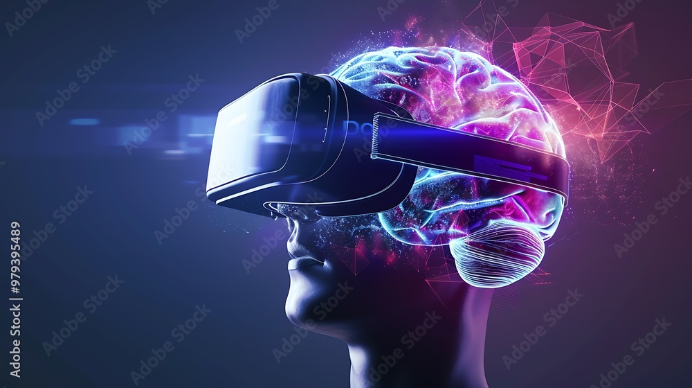 Poster person wearing a vr headset with their brain illuminated and depicted as a complex network of connec