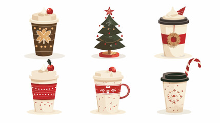 Vintage Christmas Tree Coffee Icons Flat Vector Isolated