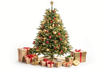 A large Christmas tree with gold and red ornaments sits in front of a pile of presents