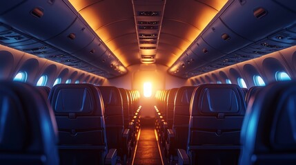 Empty airplane cabin with seats illuminated by soft sunset light