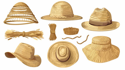 Vintage Rattan Straw Woman's Hat Elements Illustration