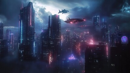Fototapeta premium Cybernetic City Skyline with Neon-Lit Skyscrapers and Flying Vehicles