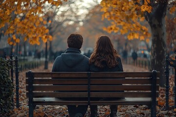 Romantic Moment of a Young Couple Sitting on a Park Bench - Blurred Background Focus on Intimacy