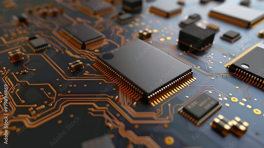Poster close-up of a circuit board with microchips and complex circuitry.