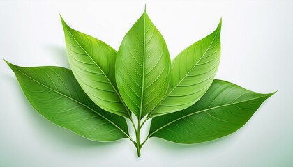 Obraz premium Fresh green leaves arranged beautifully, symbolizing nature, growth, and tranquility on a clean background.