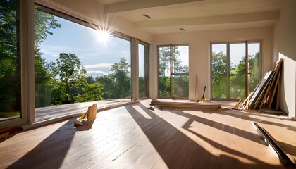 Fototapeta premium Home refurbishment process on a sunny day, featuring large, modern windows that allow natural light to flood the space. The image captures the essence of home improvement and renovation.
