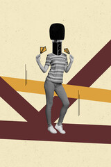 Vertical photo collage of anonym girl instead head mic device interview correspondent news...