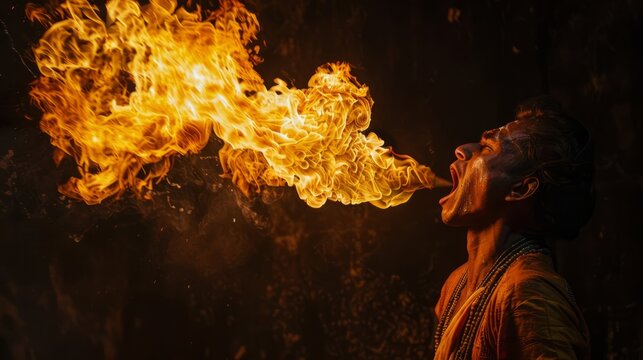 A fire breather unleashes a breathtaking stream of flames from his mouth, captivating onlookers in an exhilarating performance at dusk - Powered by Adobe