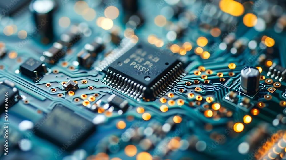 Poster close-up of a circuit board with a processor in the center, showing the intricate design and complex
