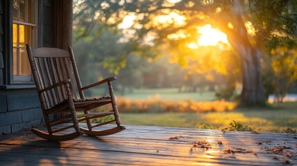 Rocking Chair on Porch with Sunset