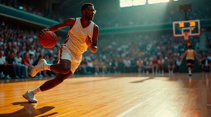 Fototapeta premium Side View of Basketball Player Sprinting with Glasses in Focus – Shot on Kodak