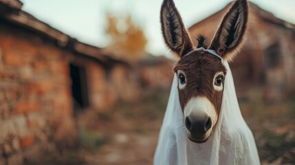 Donkey dressed as a ghost walking through a haunted farm, ghost donkey, funny farm animal costume