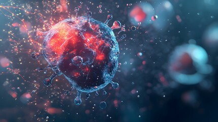 A 3D Render of a Virus with Red Glow and Blue Spikes