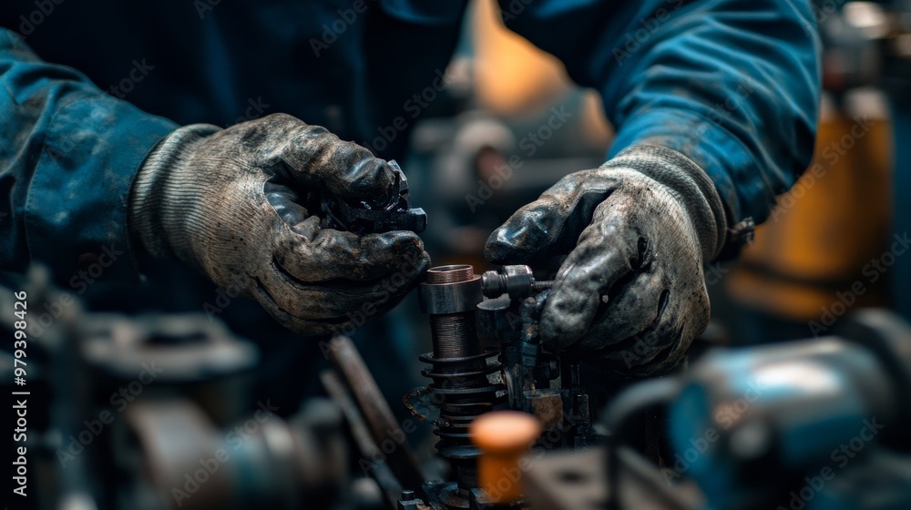 Poster close-up of a worker lubricating machine parts during a maintenance routine, focusing on the precisi