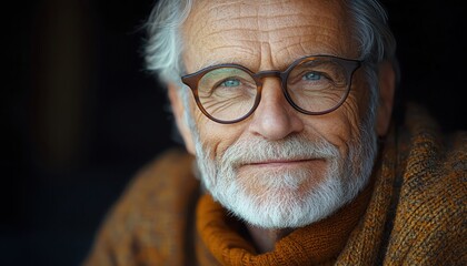 Elderly man with glasses, smiling warmly, wisdom and serenity