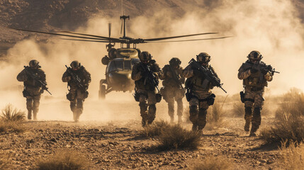 A group of soldiers are running through a desert with a helicopter in the background. Scene is intense and action-packed, as the soldiers are in the midst of a military operation