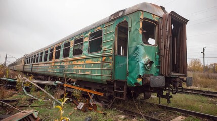 Fototapeta premium Rusting train car sits neglected in a disused railway yard, surrounded by tall grass and wild plants under an overcast sky