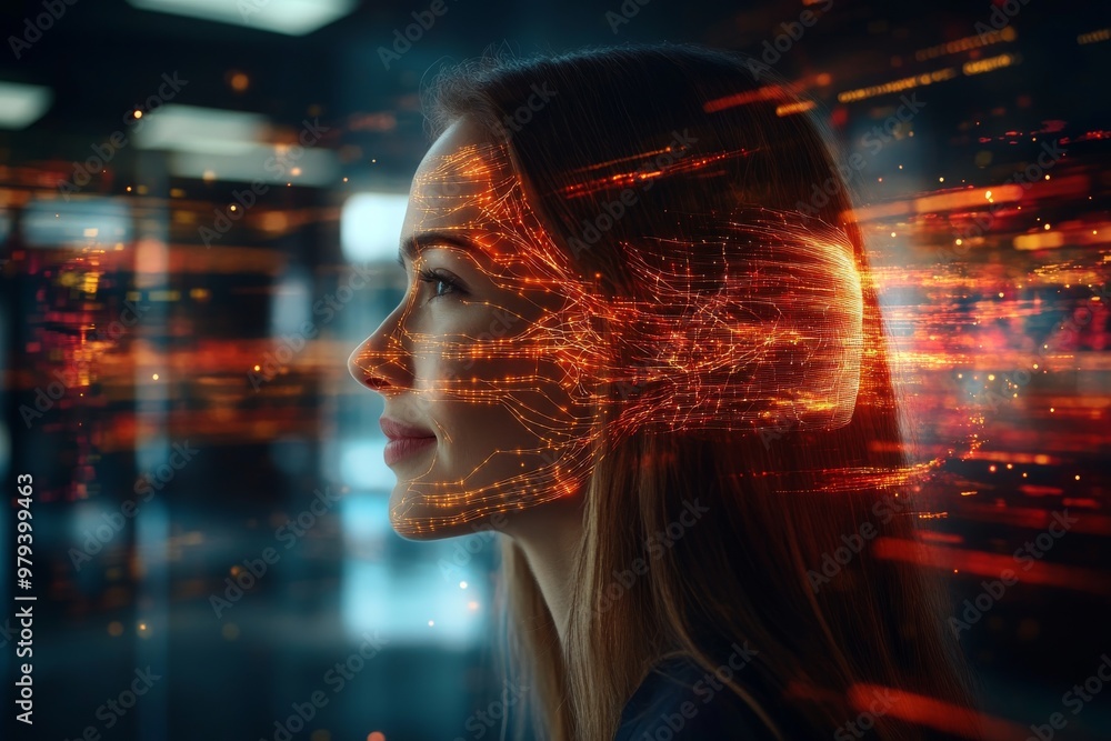 Poster side profile of a woman with digital data streams flowing from her head symbolizing fast paced techn