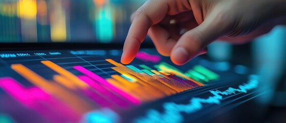 Fototapeta premium Hand pointing at a financial graph, bright colors, market analysis