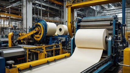 A paper mill with rolls of paper