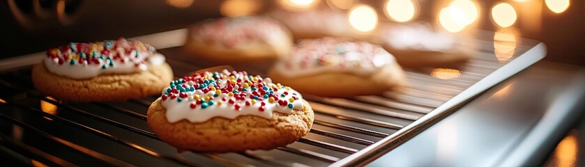 Delicious cookies with frosting and colorful sprinkles, freshly baked and cooling on a wire rack, perfect for any celebration.