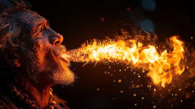 A skilled performer captivates an audience by breathing fire, illuminating the dark sky with a dazzling display of flames and sparks