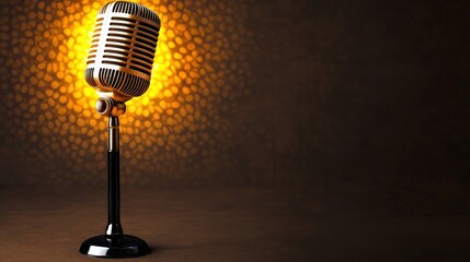 Vintage Microphone on Stage with Golden Lights