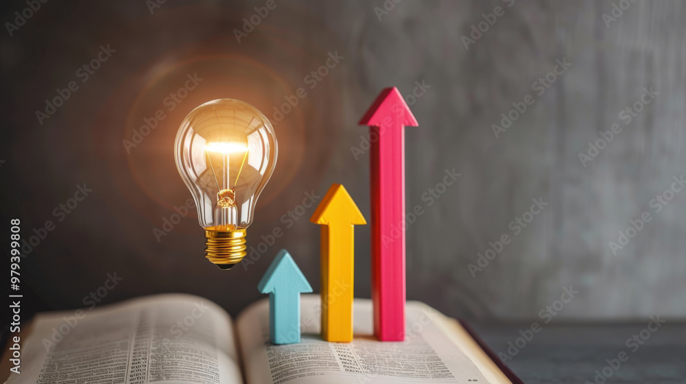 Aufkleber a glowing light bulb above an open book with colorful arrows representing growth and innovation in l