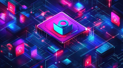 Cybersecurity Illustrations with Shields and Padlocks Guarding Data