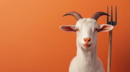 Goat in a devil costume with tiny horns and a pitchfork, devil goat, farm animal in spooky attire