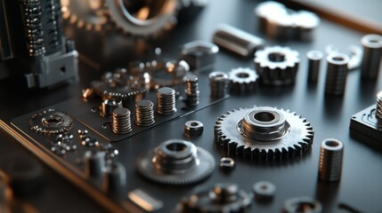Close-up of finely detailed machine parts on a workbench, showing gears, bolts, and metallic components with clarity.